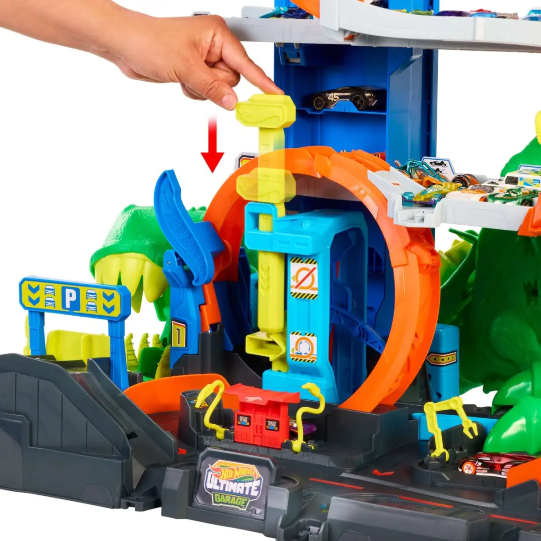 Hot Wheels City Ultieme T-Rex Garage JHL98 - 2 Auto's
