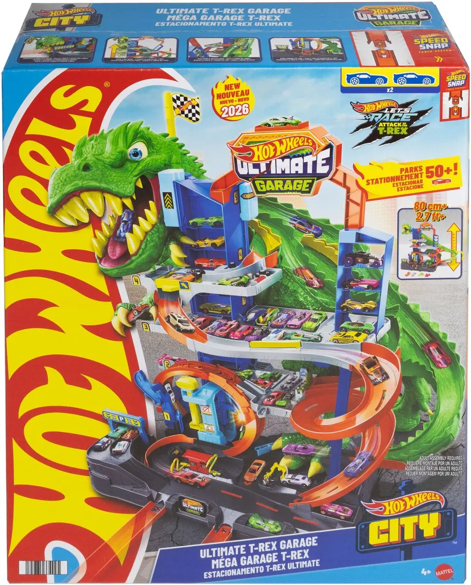 Hot Wheels City Ultieme T-Rex Garage JHL98 - 2 Auto's
