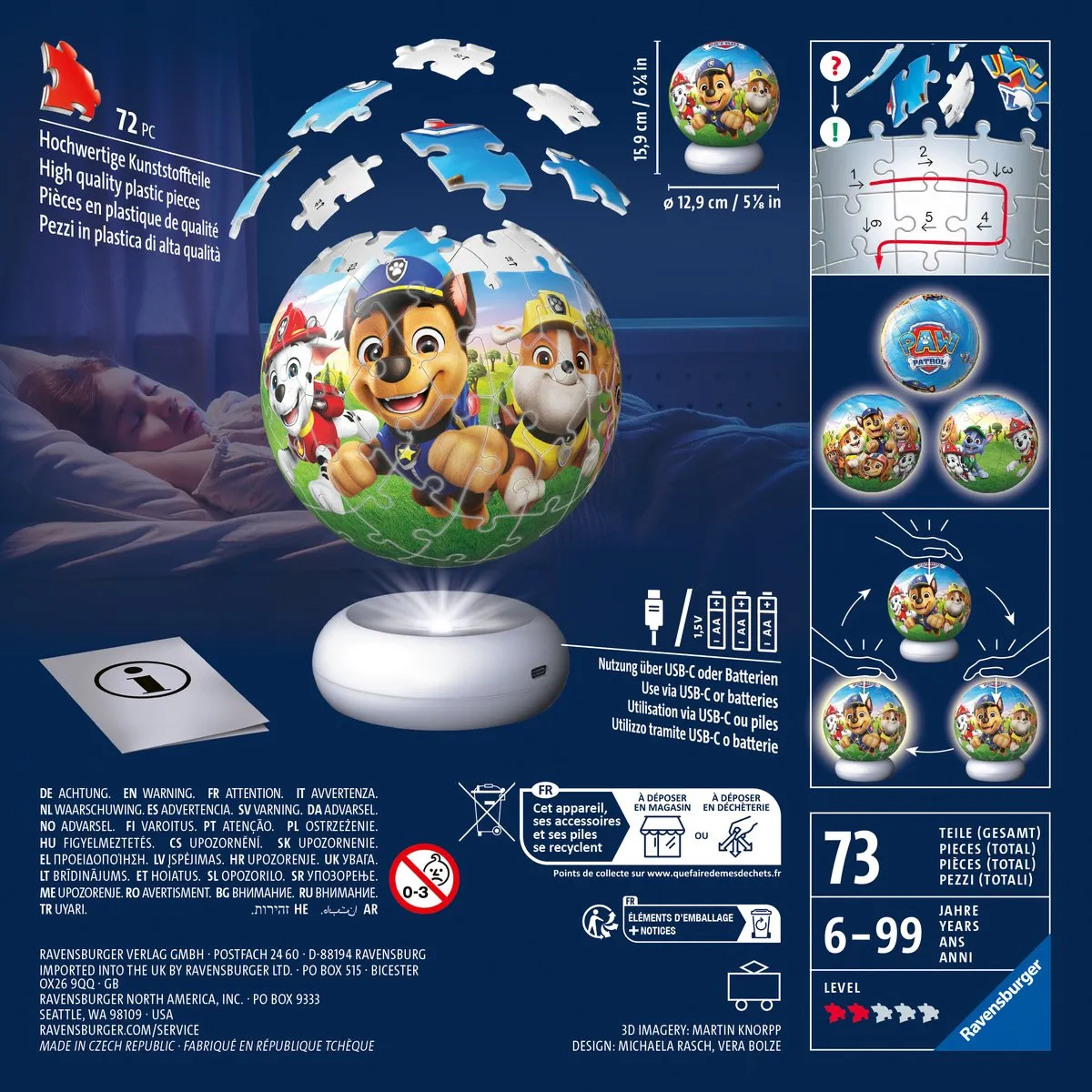 Ravensburger Paw Patrol 3D Puzzle-Ball Nachtlicht - 73 Stukjes