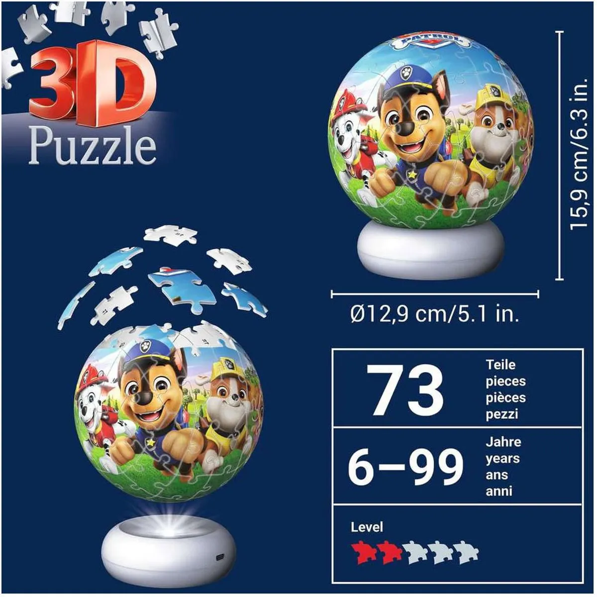 Ravensburger Paw Patrol 3D Puzzle-Ball Nachtlicht - 73 Stukjes - afbeelding 6 van 6