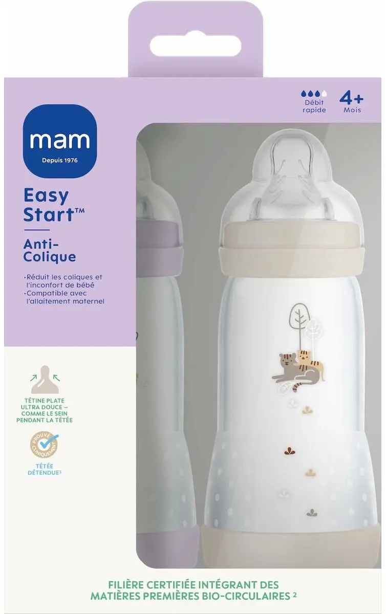 MAM Easy Start Babyflessen 320ml - 2 Stuks - Flow 3 Speen - Lila & Zand