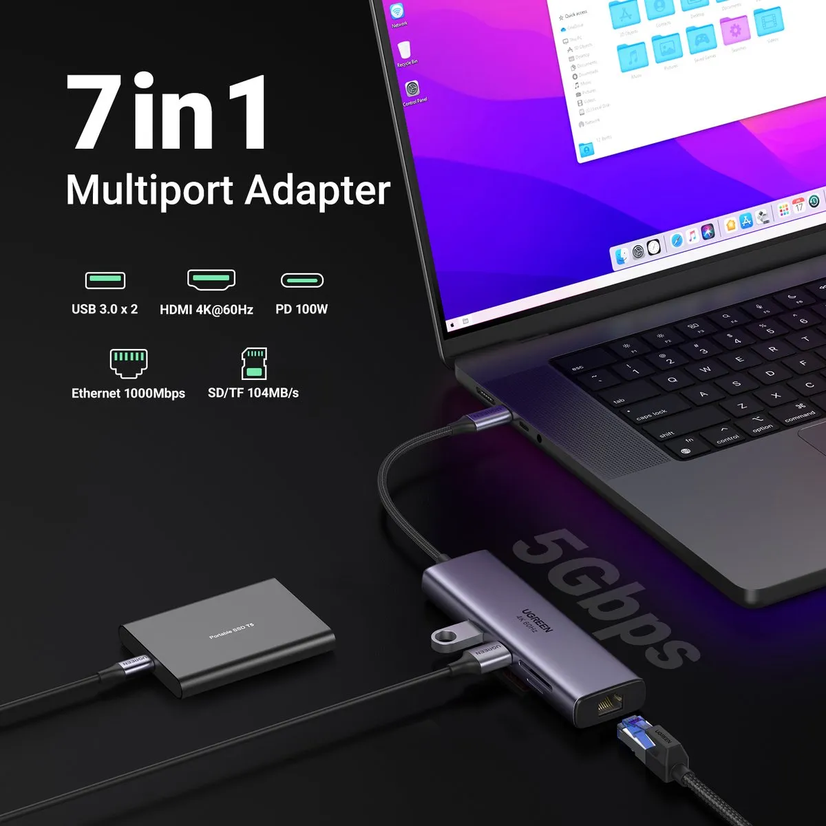 Ugreen 7-in-1 USB-C Hub 60515 - Grijs/Green