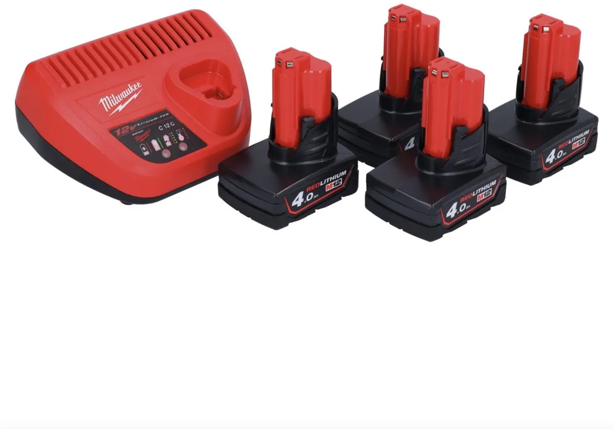 Milwaukee M12 NRG-404 Startset - 4x 4.0Ah Li-Ion accu + C12 C-lader - afbeelding 5 van 5