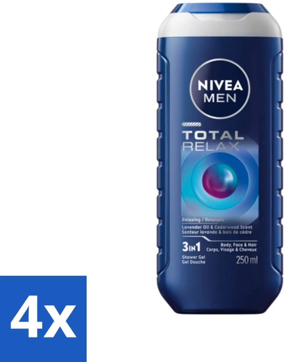4 x NIVEA MEN - Douchegel - Total Relax - 250 ml - Douchegel - Ontspanning - Gezicht - Haar - Lichaam