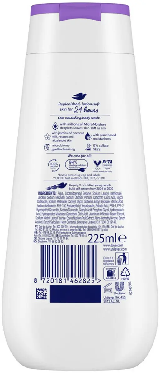 Dove Douchecrème Relaxing Kokos & Jasmijn 225ml - 4 Stuks