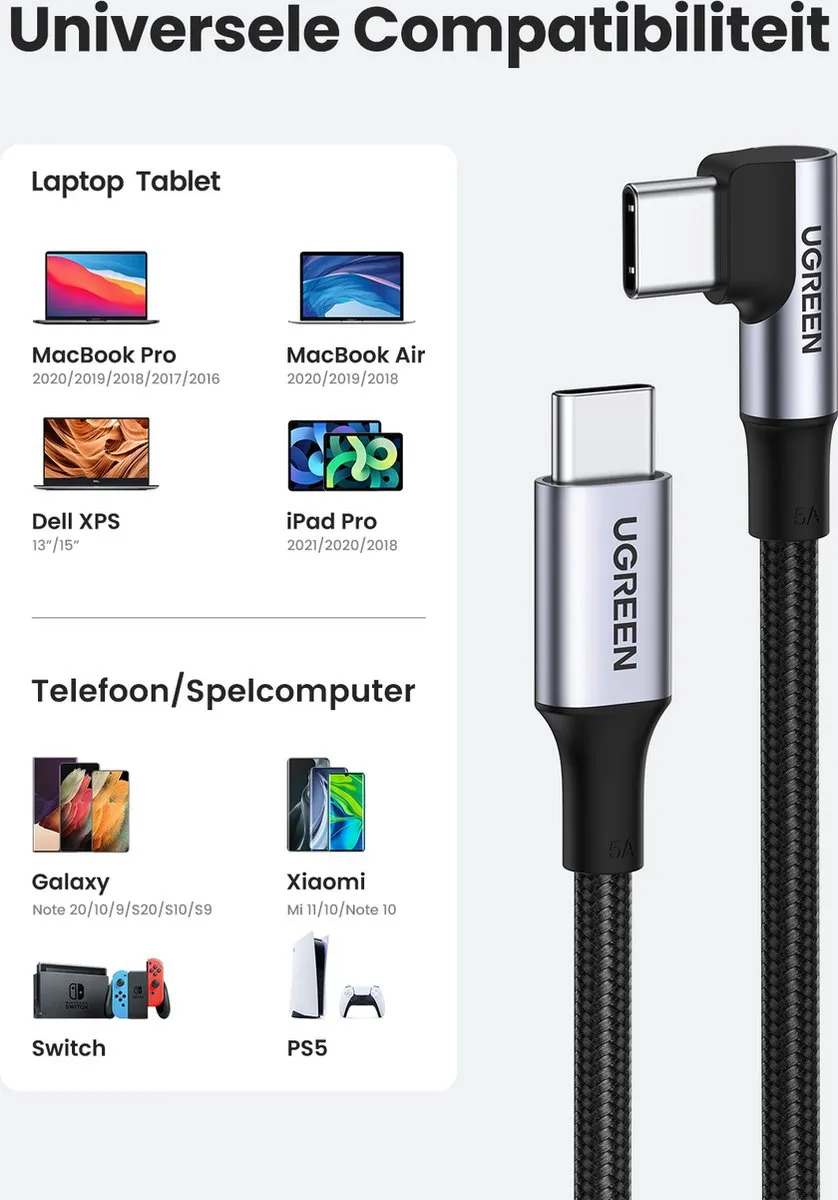 Ugreen 70645 USB-C naar USB-C 90° Kabel 2m - Zwart/Grijs