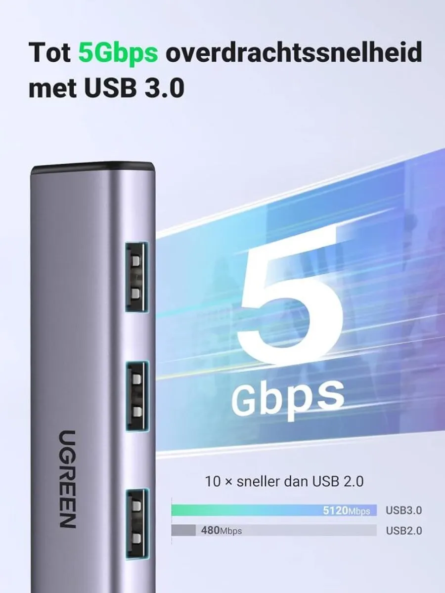 Ugreen 5-in-1 USB-A Hub 60554 - Grijs/Green - afbeelding 6 van 6