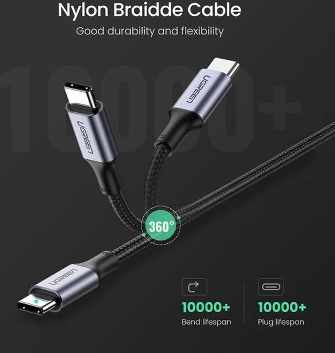 UGREEN 5A Gevlochten USB-C Kabel 100W 2M - Zwart