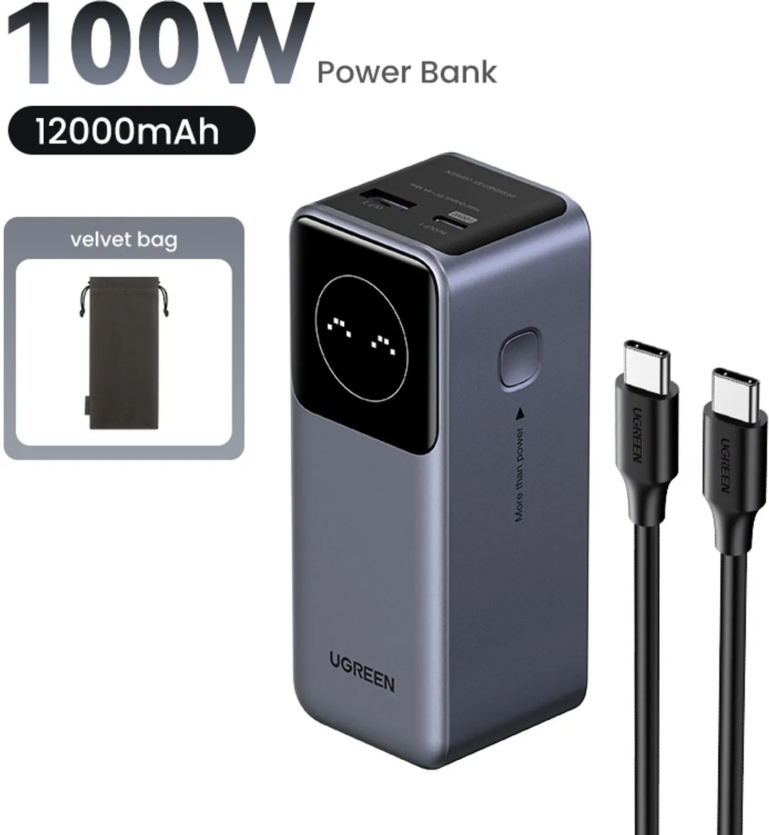 UGREEN Nexode Power Bank 12000mAh 100W - 2 Poorten - Grijs