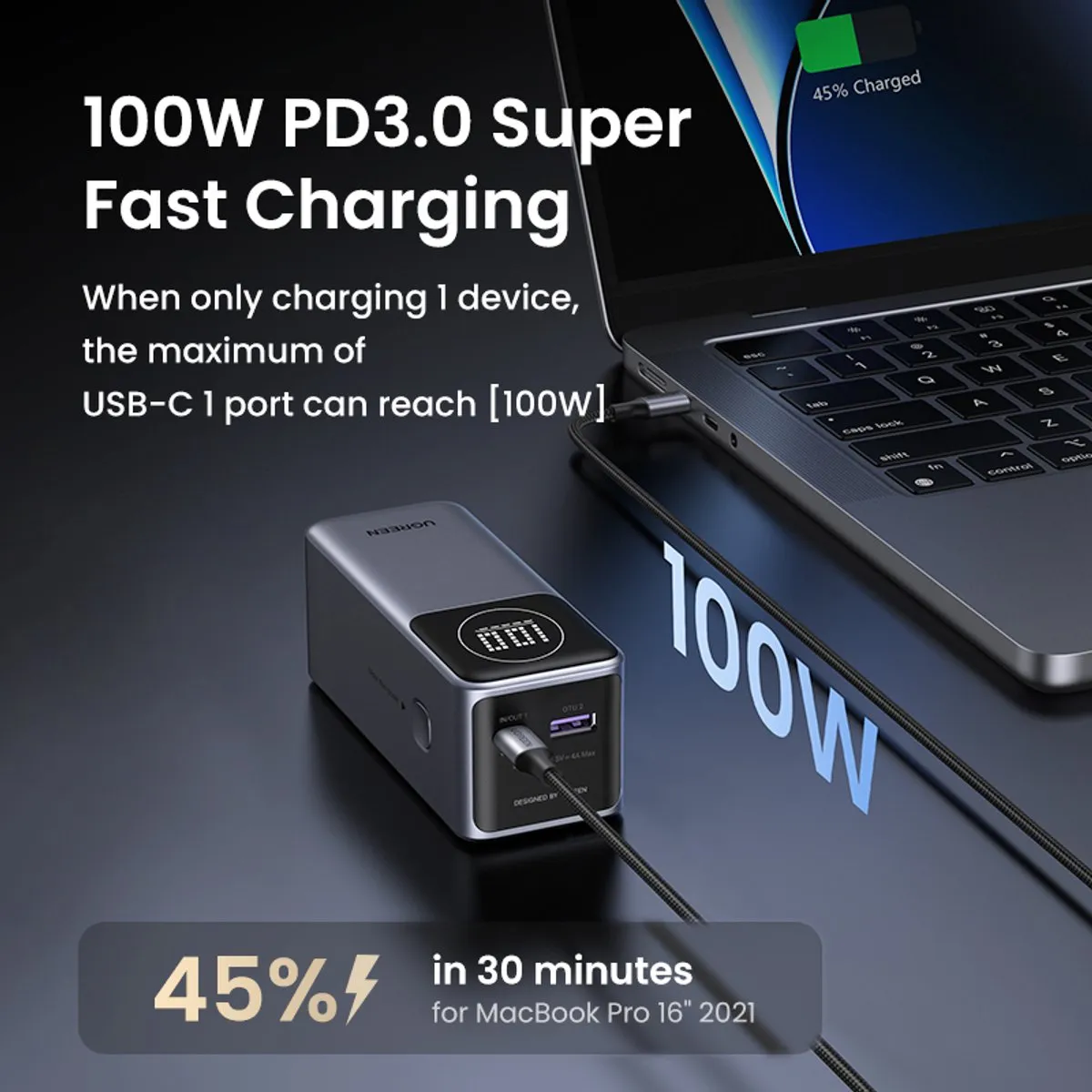 UGREEN Nexode Power Bank 12000mAh 100W - 2 Poorten - Grijs