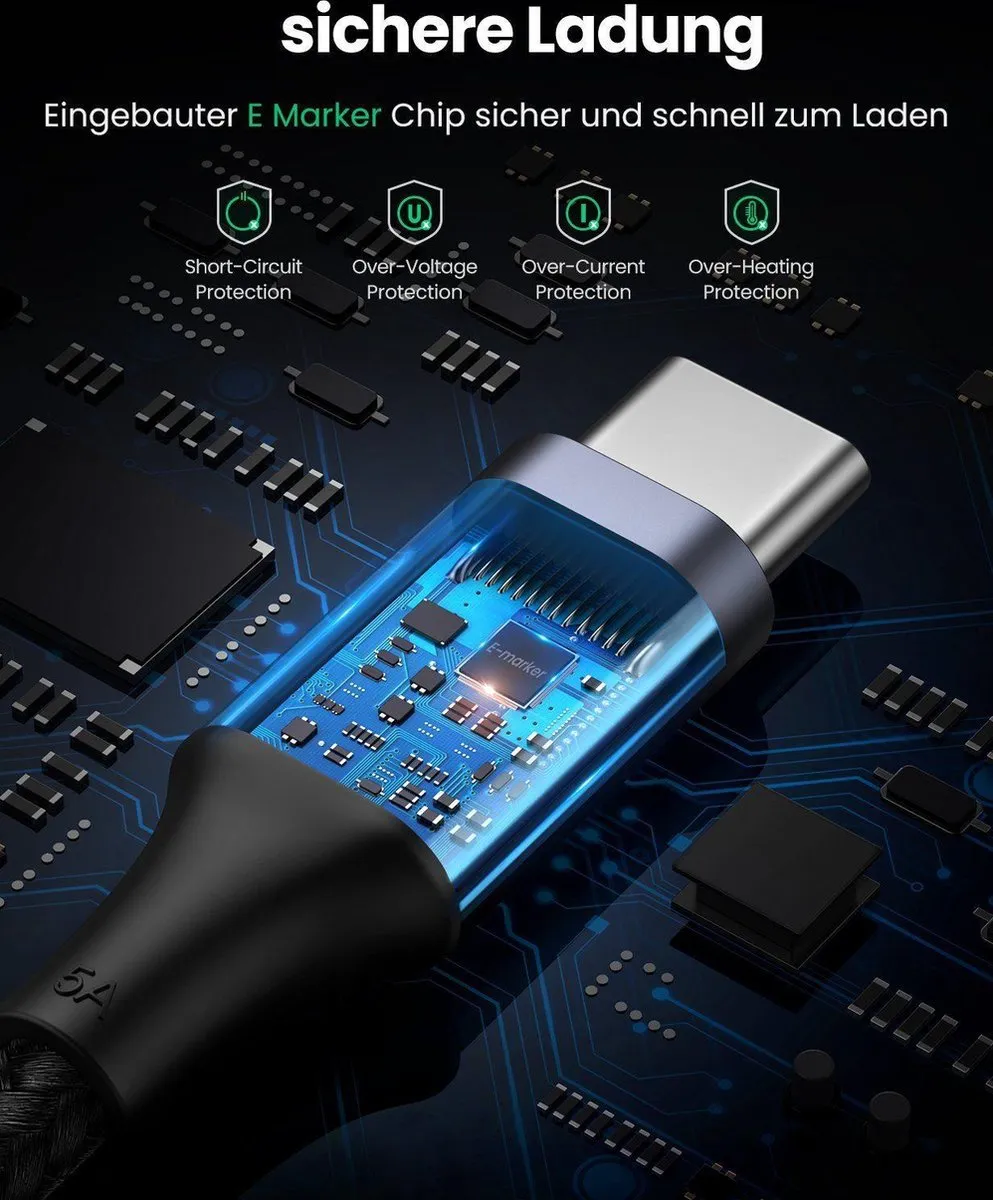UGREEN 5A Gevlochten USB-C Kabel 100W 1m - Zwart