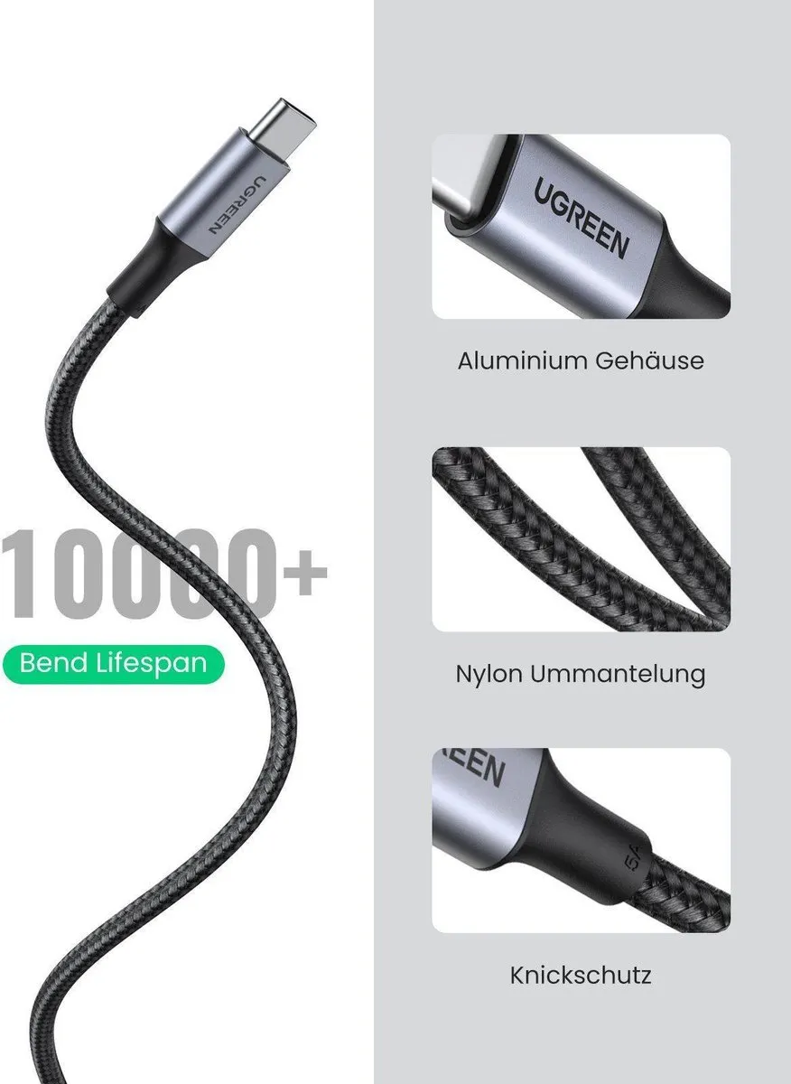 UGREEN 5A Gevlochten USB-C Kabel 100W 1m - Zwart