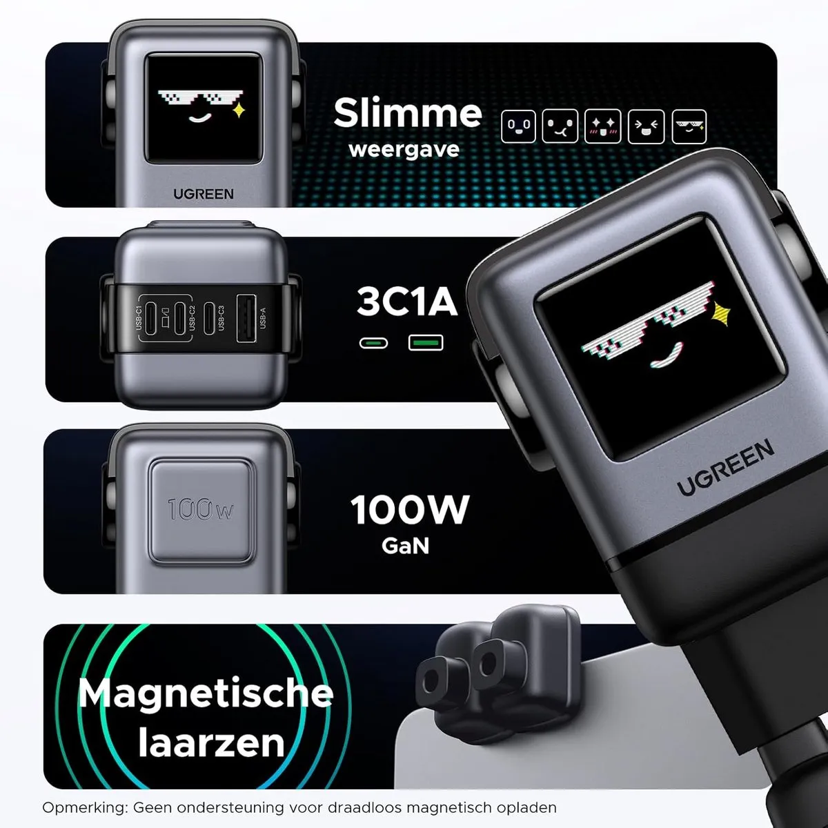 UGREEN UNO 100W GaN USB-C Oplader - 4 Poorten - Zwart