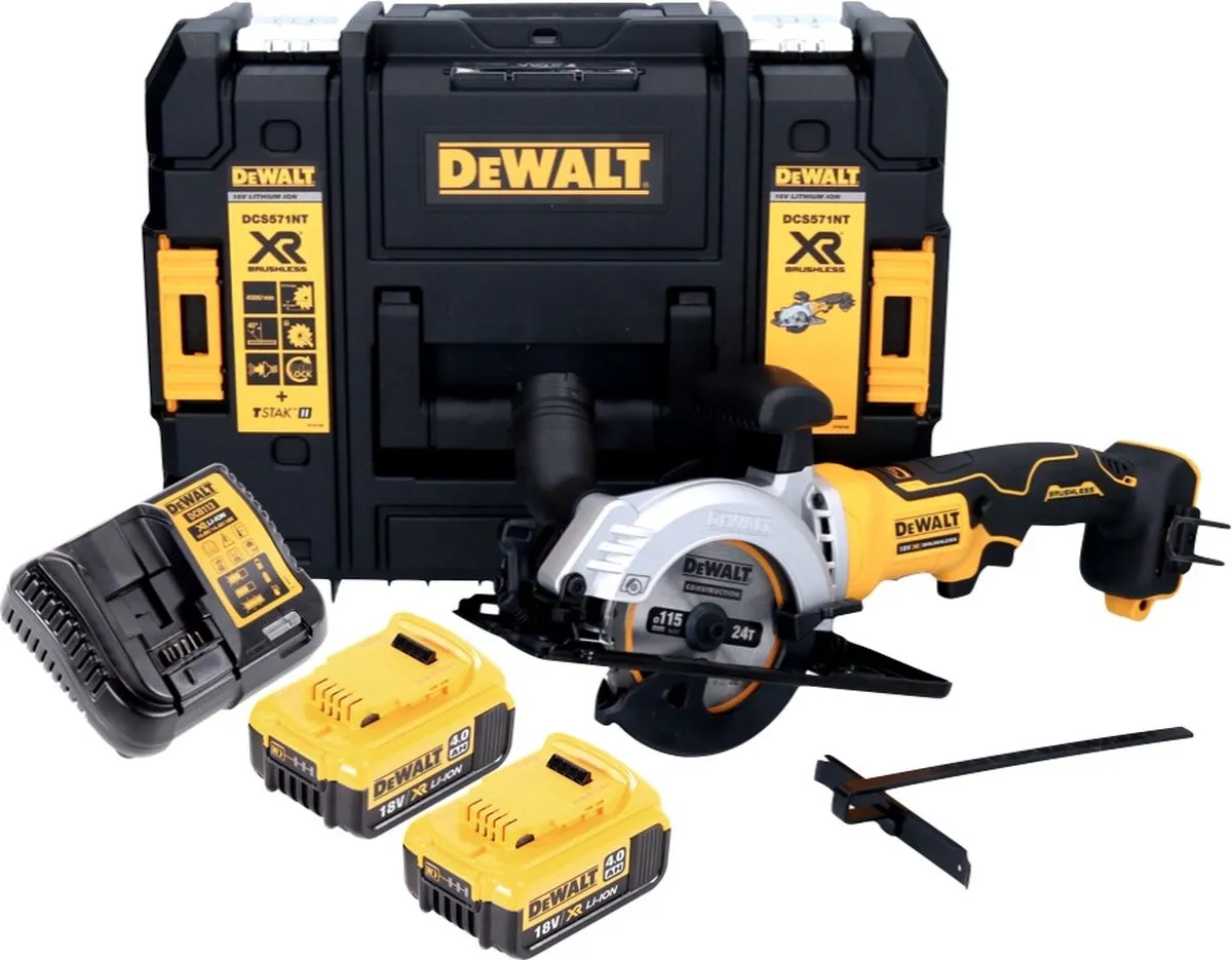 DeWalt DCS 571 M2 accucirkelzaag 18 V 115 mm borstelloos + 2x accu 4.0 Ah + lader + TSTAK