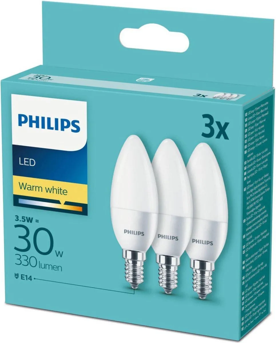 Philips LED Kaarslamp E14 3.5W Warm Wit - 3 Stuks - Mat Glas