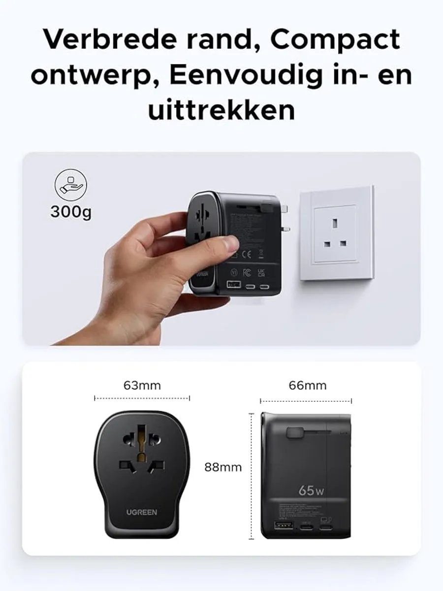 Ugreen 65W GaN Reisadapter 55001 - 3 Outputs - Zwart