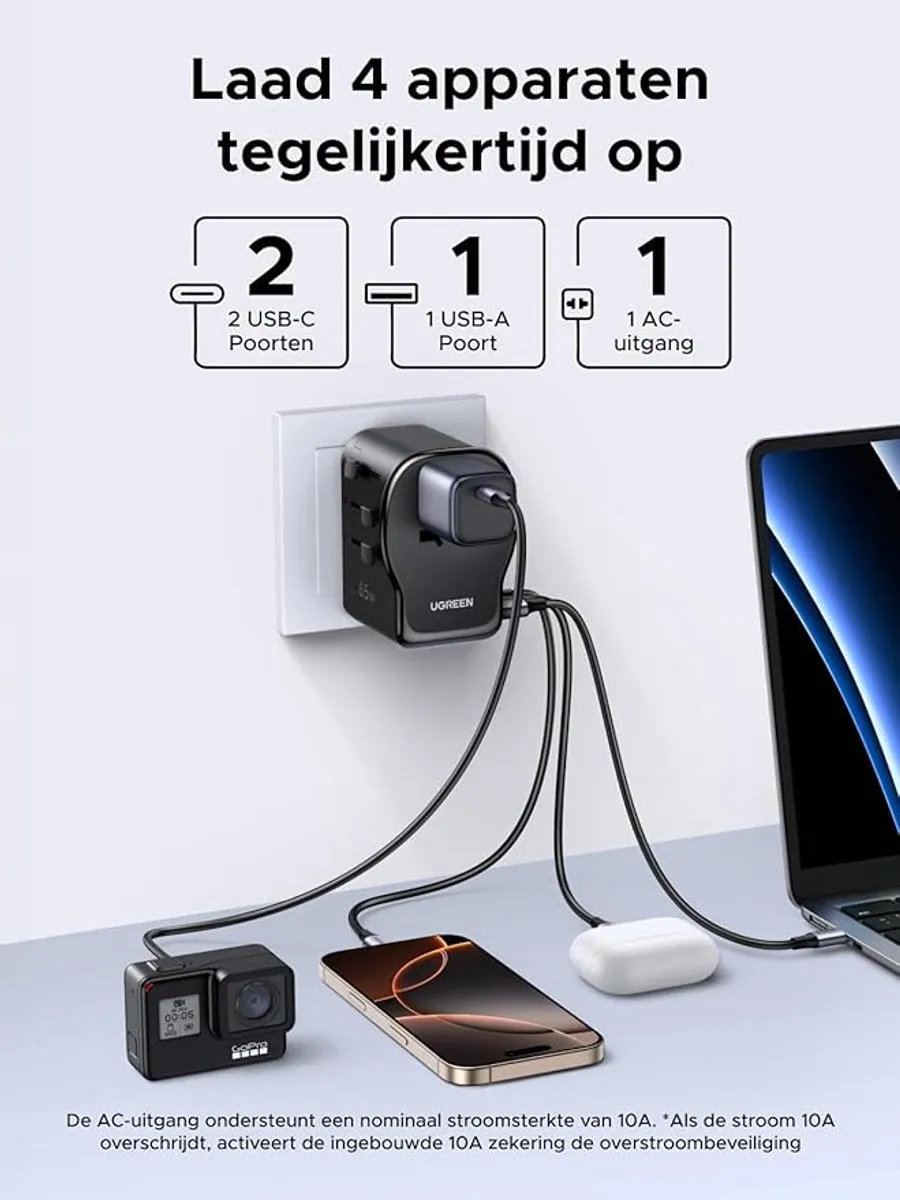 Ugreen 65W GaN Reisadapter 55001 - 3 Outputs - Zwart - afbeelding 6 van 6
