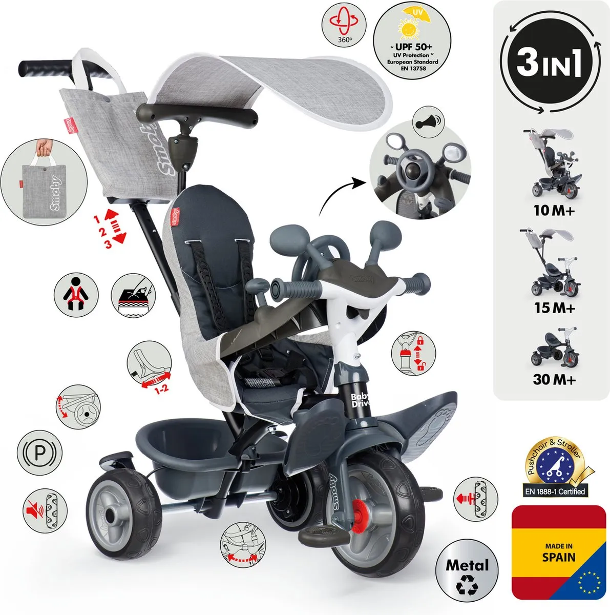 Smoby Baby Driver Driewieler 3-in-1 7600741503 - Zwart/Grijs - afbeelding 6 van 6