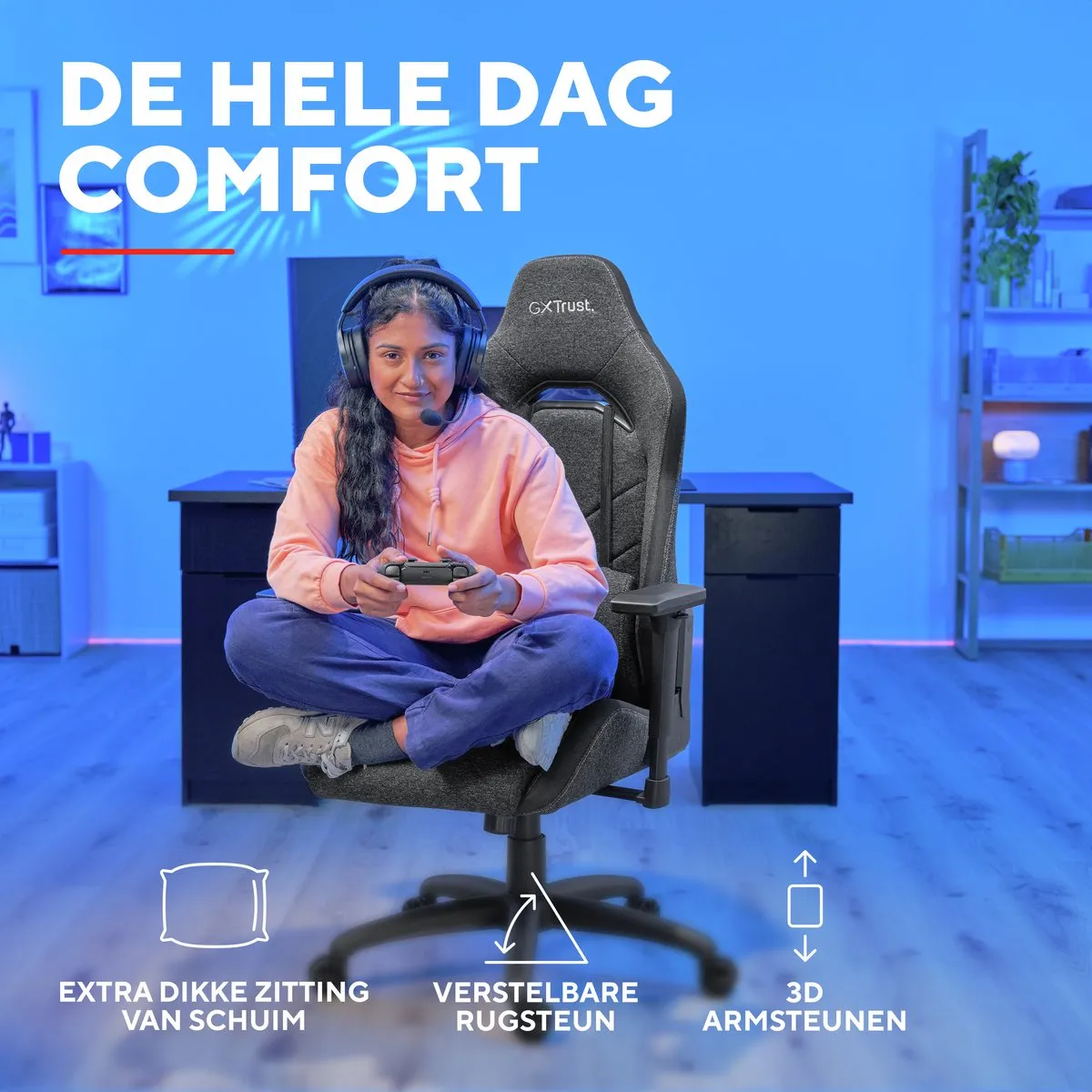 Trust GXT 723F Ruya Fabric - Gaming Stoel – Ergonomisch – Bureaustoel – Verstelbaar – Gamestoelen – Gaming Chair – Grijs