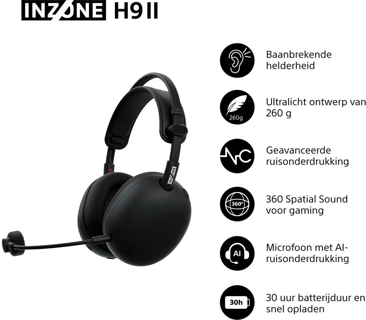 Sony INZONE H9 II WHG910NB Draadloze Gaming Headset - Noise Cancelling