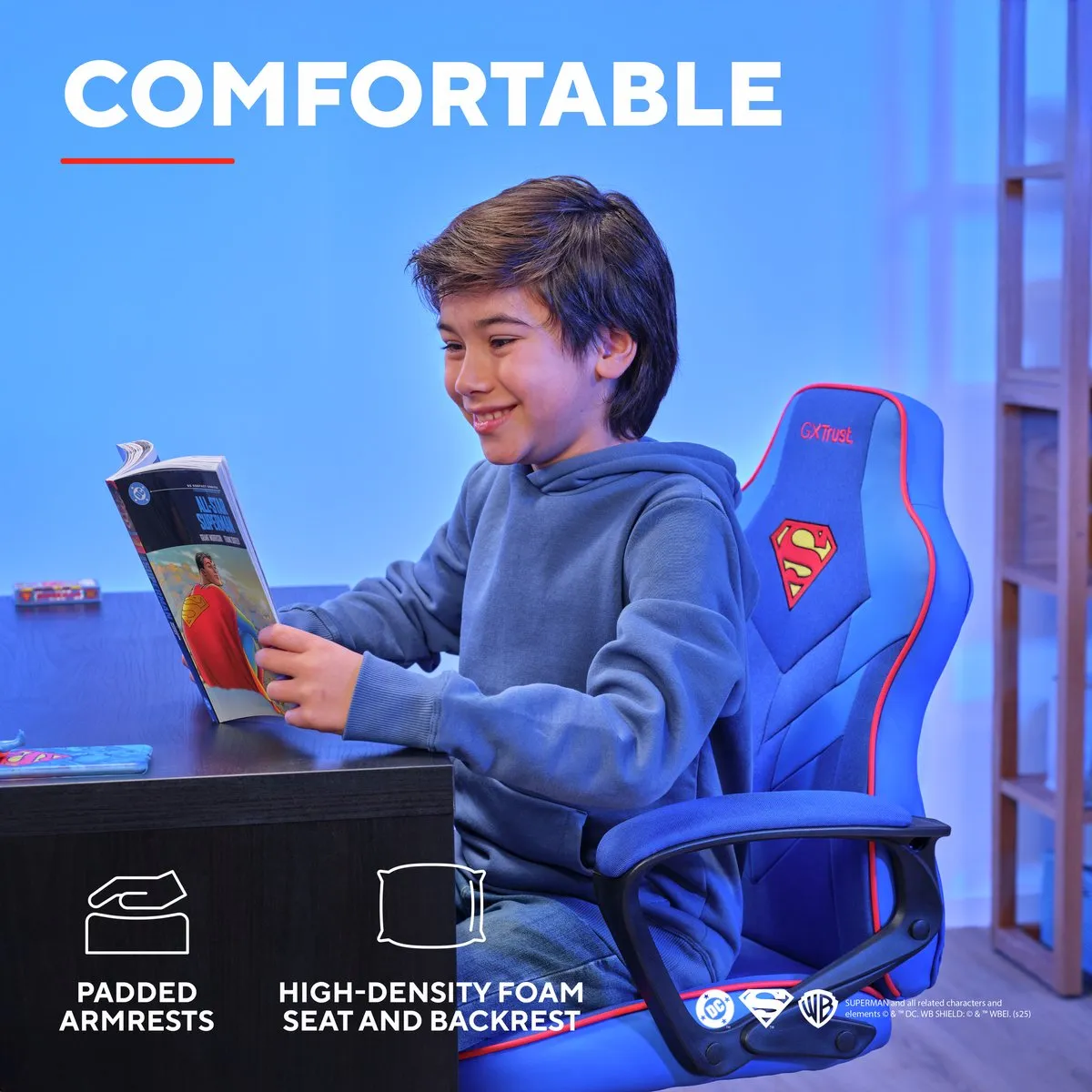 Trust GXT 703SM Revvo - Kinder Gaming Stoel Superman Editie - Kinder Bureaustoel - Superman Blauw