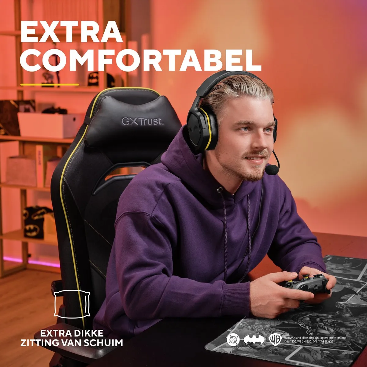 Trust GXT 721BM Ruya Pro Batman Editie - Premium Gaming Stoel - Nekkussen - Verstelbare Rug Ondersteuning - Hoogte Verstelbaar - Rug- & Armleuningen Verstelbaar - Batman Zwart