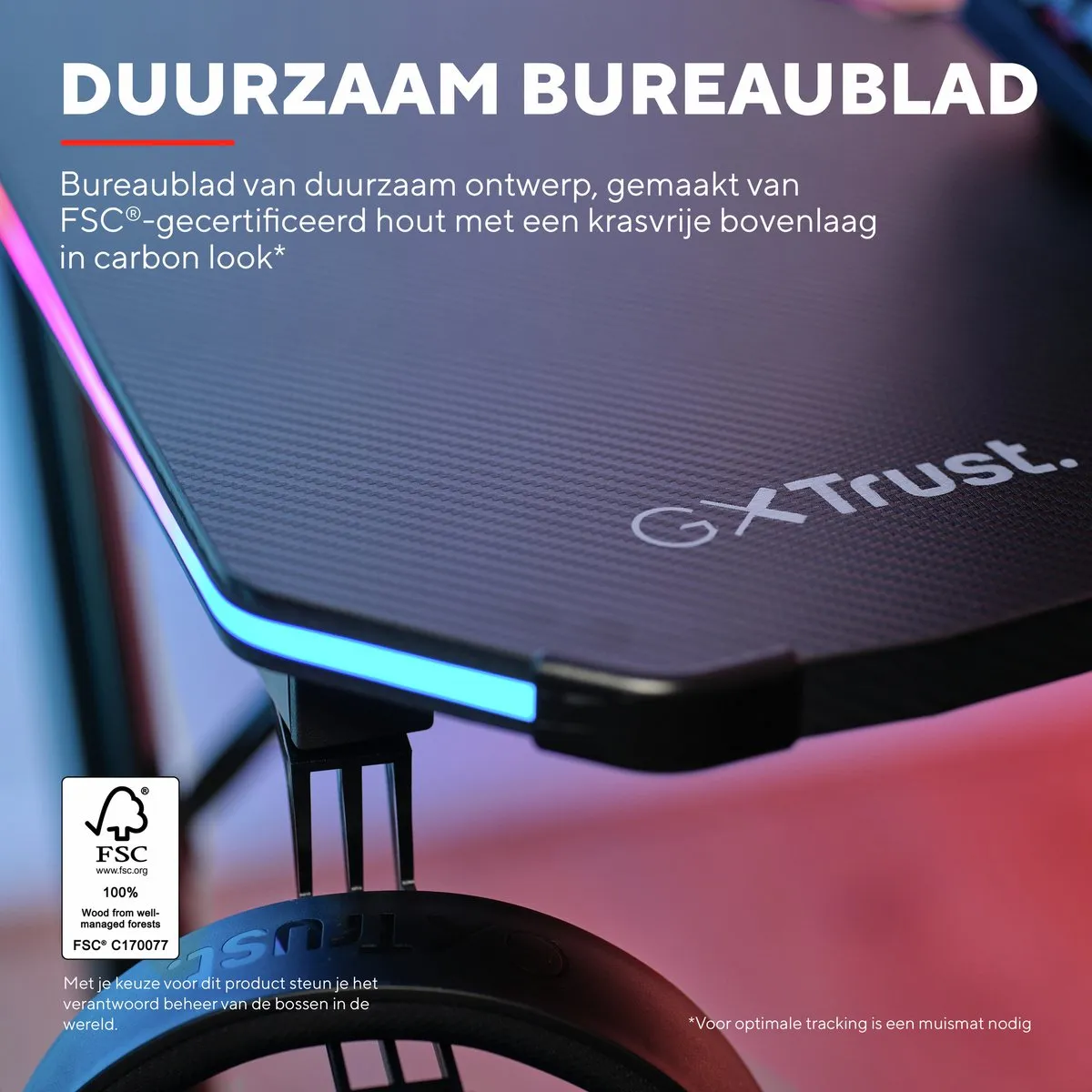 Trust GXT709 Luminus Game Bureau met LED Verlichting – RGB - Bekerhouder – Headset houder - Zwart