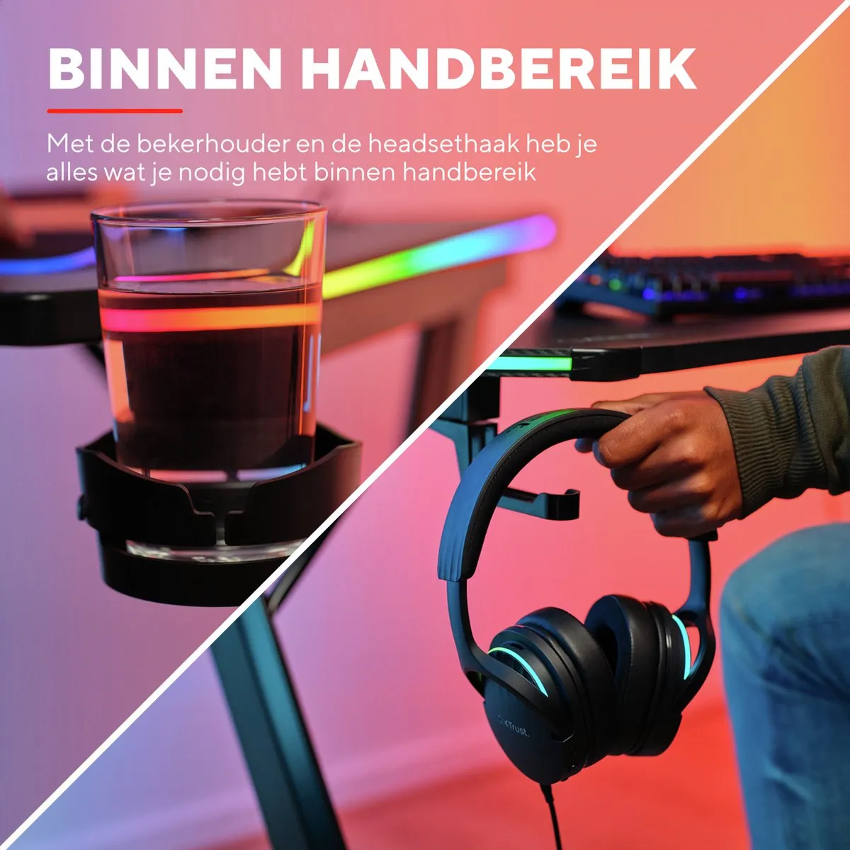Trust GXT709 Luminus Game Bureau met LED Verlichting – RGB - Bekerhouder – Headset houder - Zwart