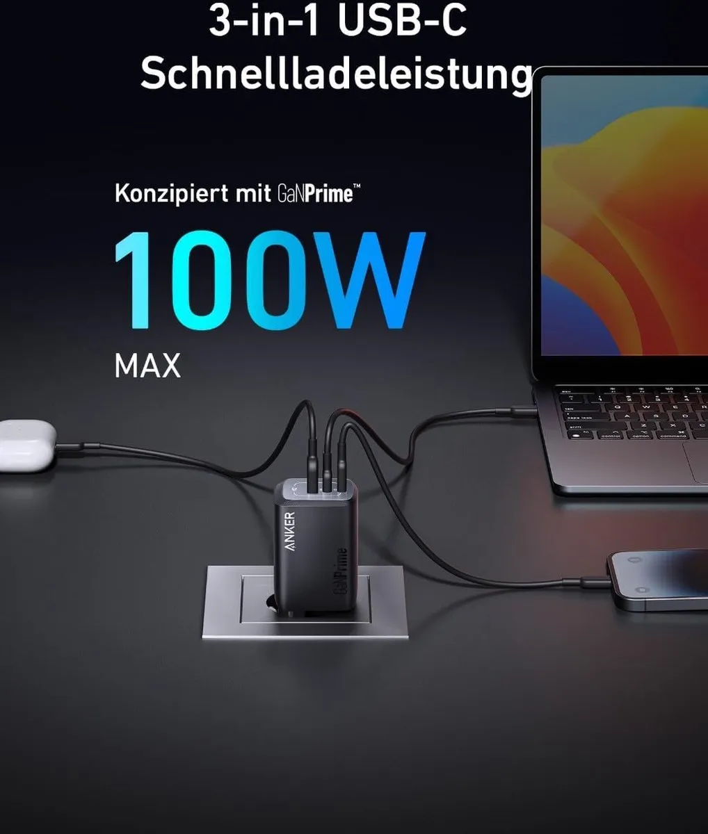 Anker GaNPrime 100W A2343311 USB-C Oplader - 3 Poorten - Zwart