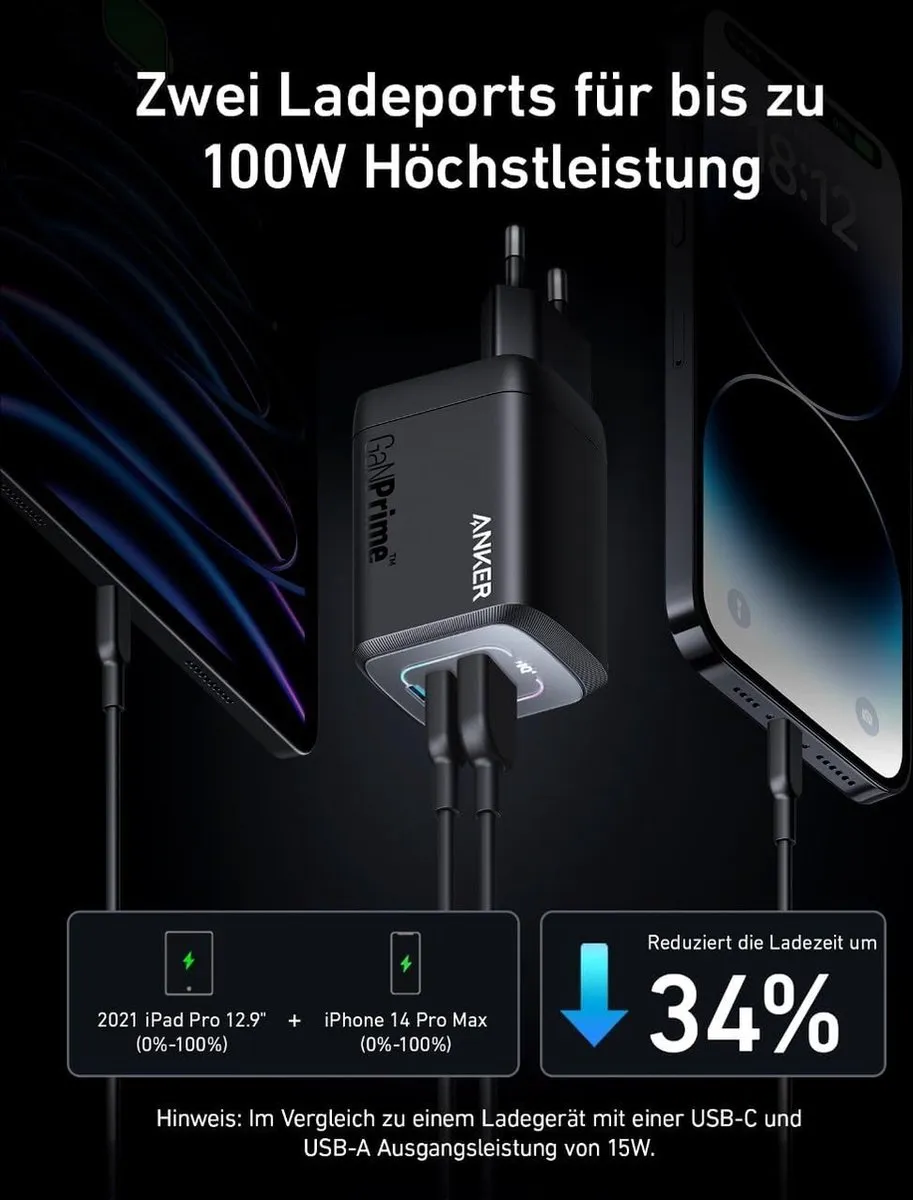 Anker GaNPrime 100W A2343311 USB-C Oplader - 3 Poorten - Zwart