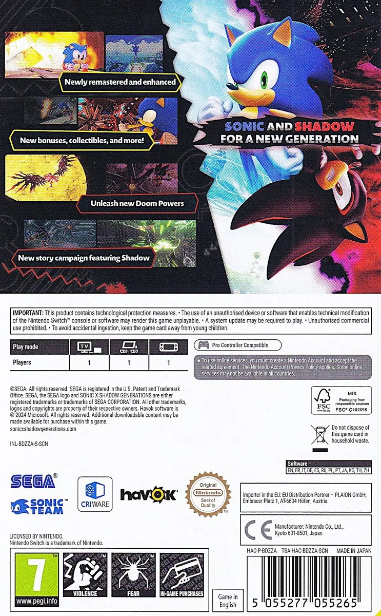 Sega Sonic X Shadow Generations Nintendo Switch
