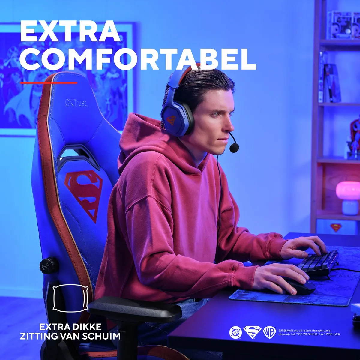 Trust GXT 721SM Ruya Pro Superman Editie - Premium Gaming Stoel - Nekkussen - Verstelbare Rug Ondersteuning - Hoogte Verstelbaar - Rug- & Armleuningen Verstelbaar - Superman Blauw