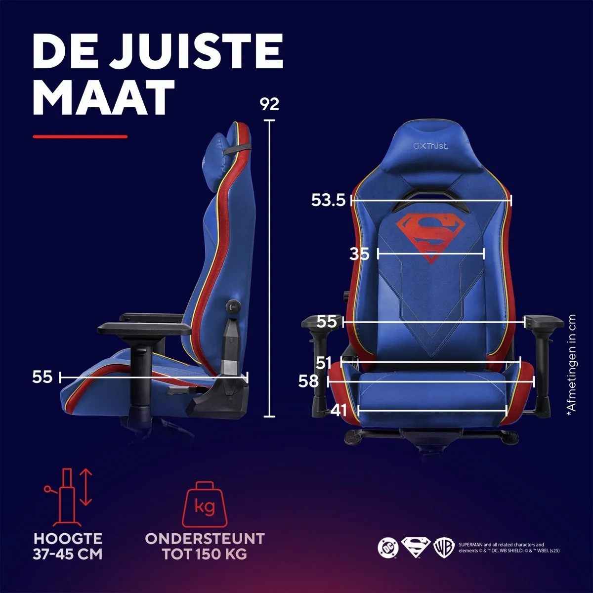 Trust GXT 721SM Ruya Pro Superman Editie - Premium Gaming Stoel - Nekkussen - Verstelbare Rug Ondersteuning - Hoogte Verstelbaar - Rug- & Armleuningen Verstelbaar - Superman Blauw