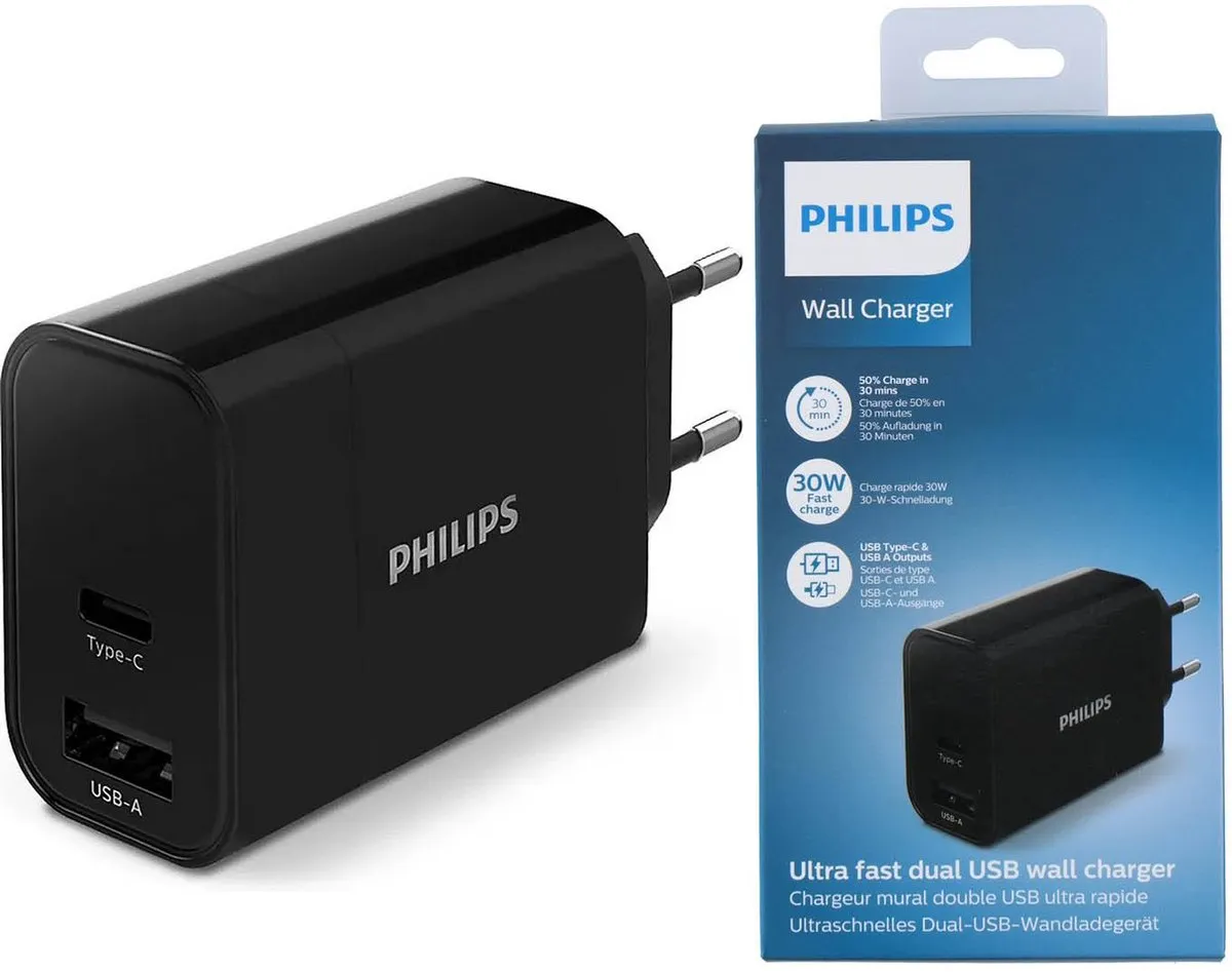 Philips DLP2621/03 USB-Oplaadblok - 2x USB-A/USB-C - Zwart