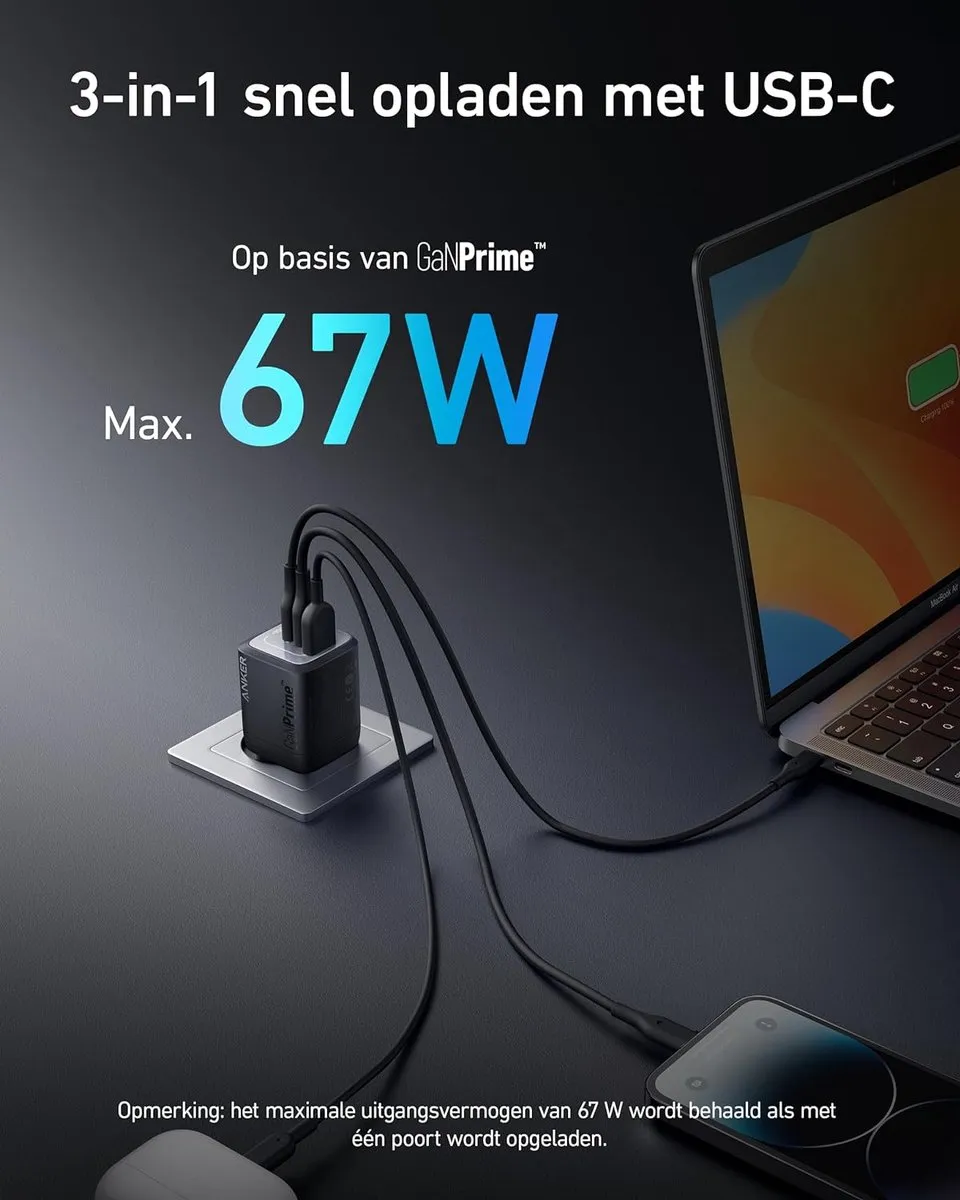 Anker Prime GaN A2669 USB Oplader 67W - 3 Poorten