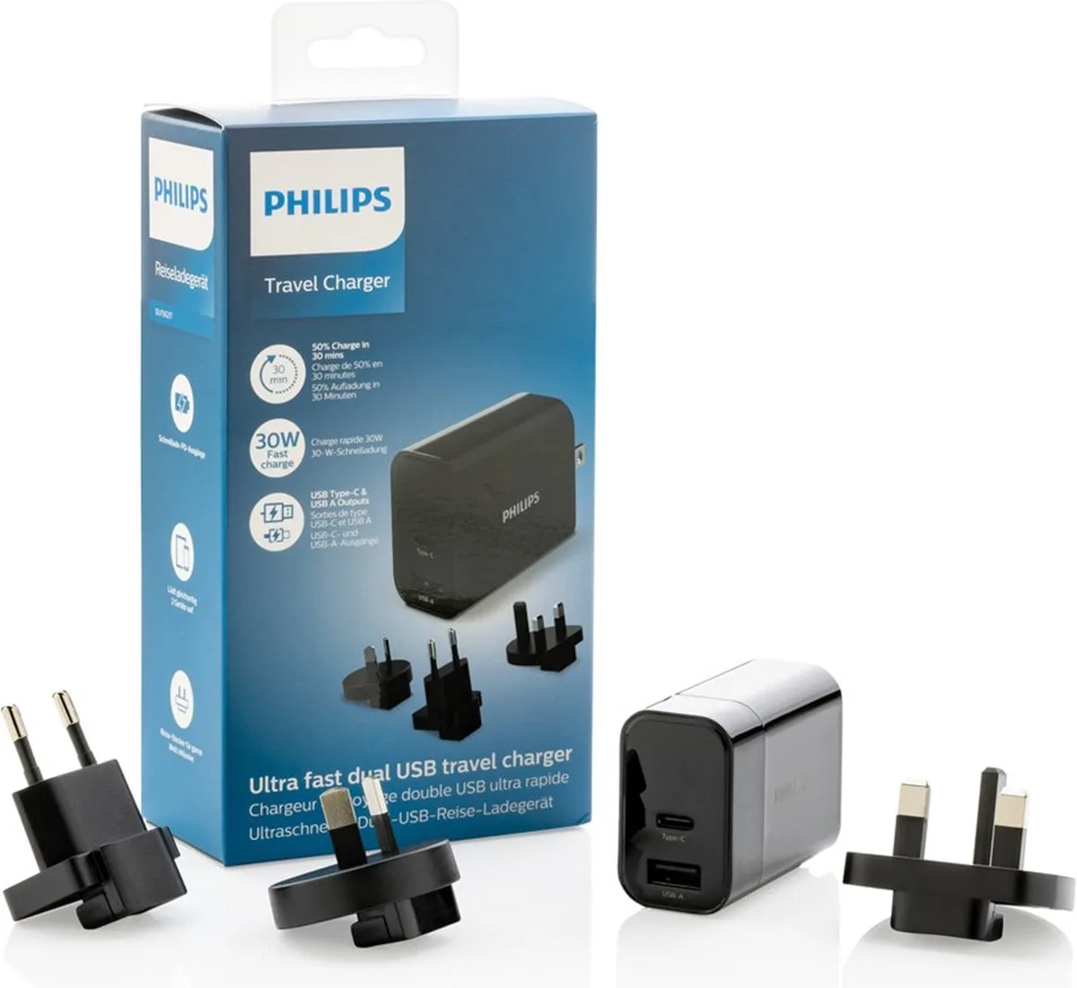 Philips Reisstekker DLP2621T/0 - 4 Stekkers UK/EU/AU/USA - USB-A & USB-C - 30W - Zwart