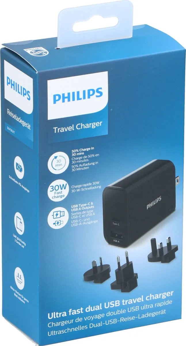 Philips Reisstekker DLP2621T/0 - 4 Stekkers UK/EU/AU/USA - USB-A & USB-C - 30W - Zwart