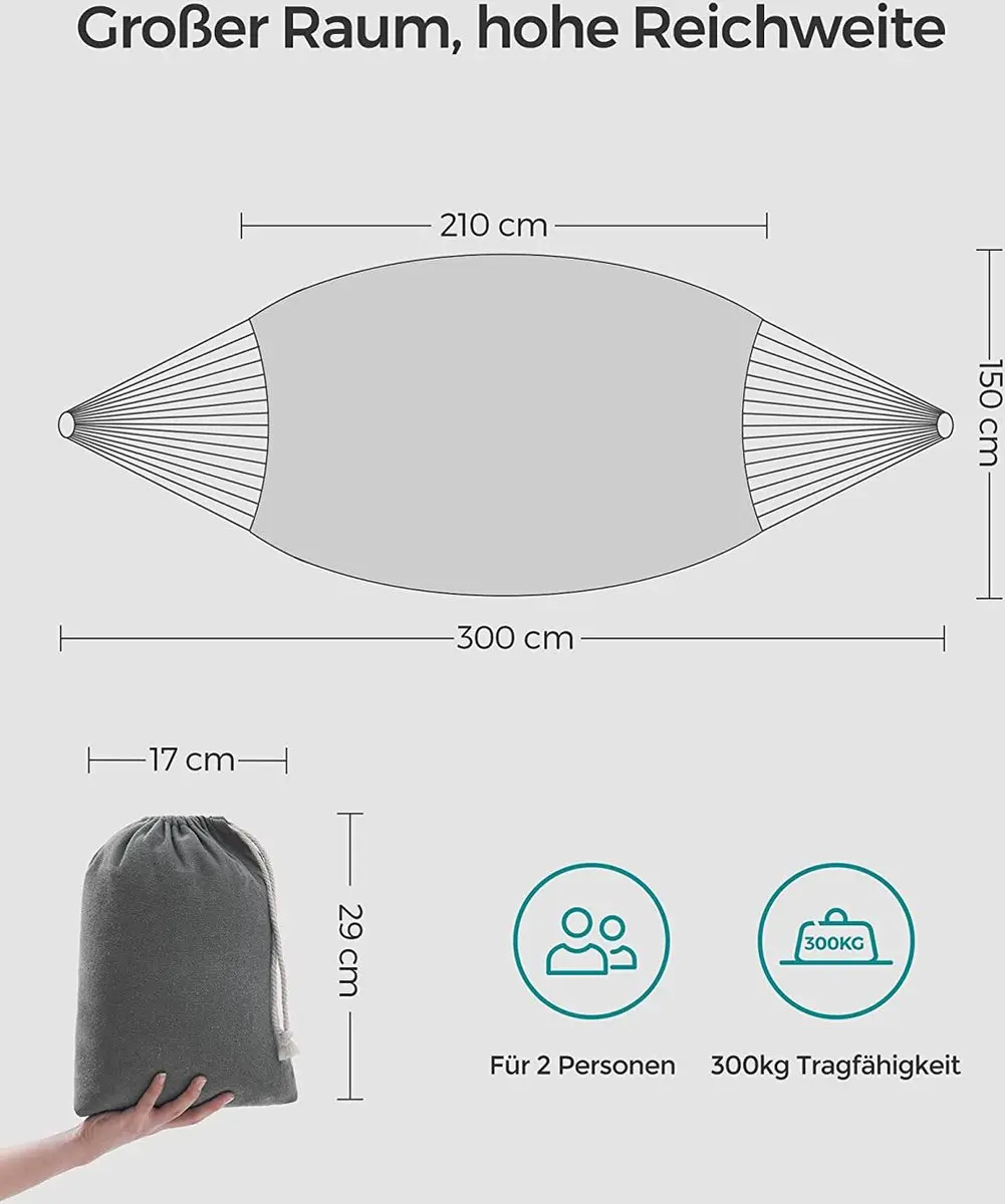 Songmics Hangmat 2 Personen 210x150cm - 300kg Grijs