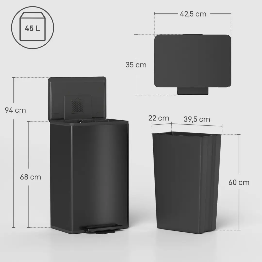 Homcom Afvalbak 45L - 35x68cm - Zwart - afbeelding 5 van 6