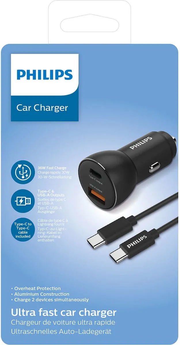 Philips Autolader DLP2521C/04 - 36W - USB-C/A - 3 Outputs - Zwart