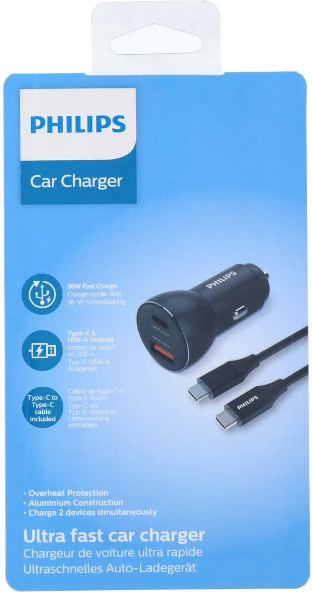 Philips Autolader DLP2521C/04 - 36W - USB-C/A - 3 Outputs - Zwart