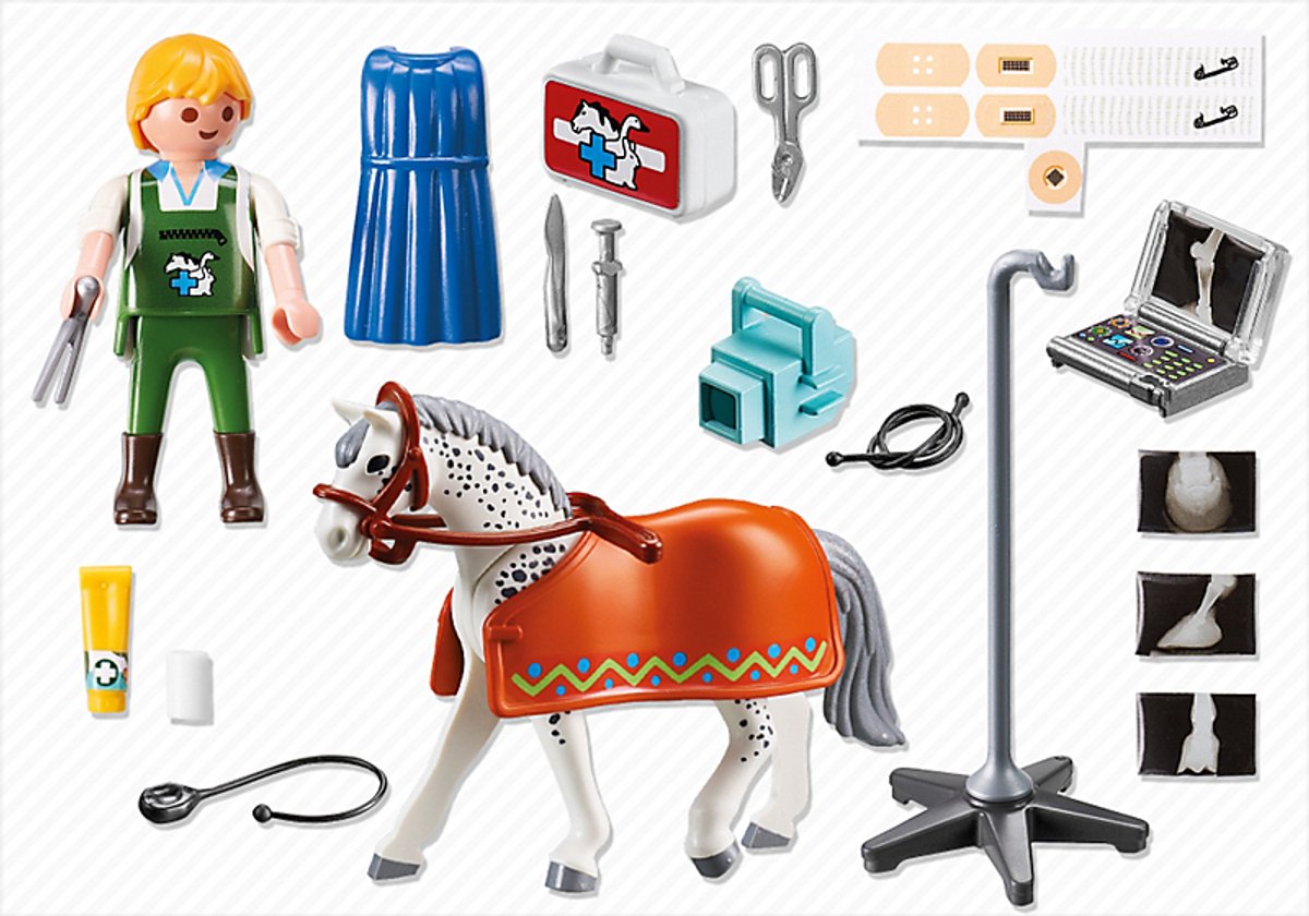 Radioloog met Appaloosa / Vétérinaire avec cheval et appareil de radiologie