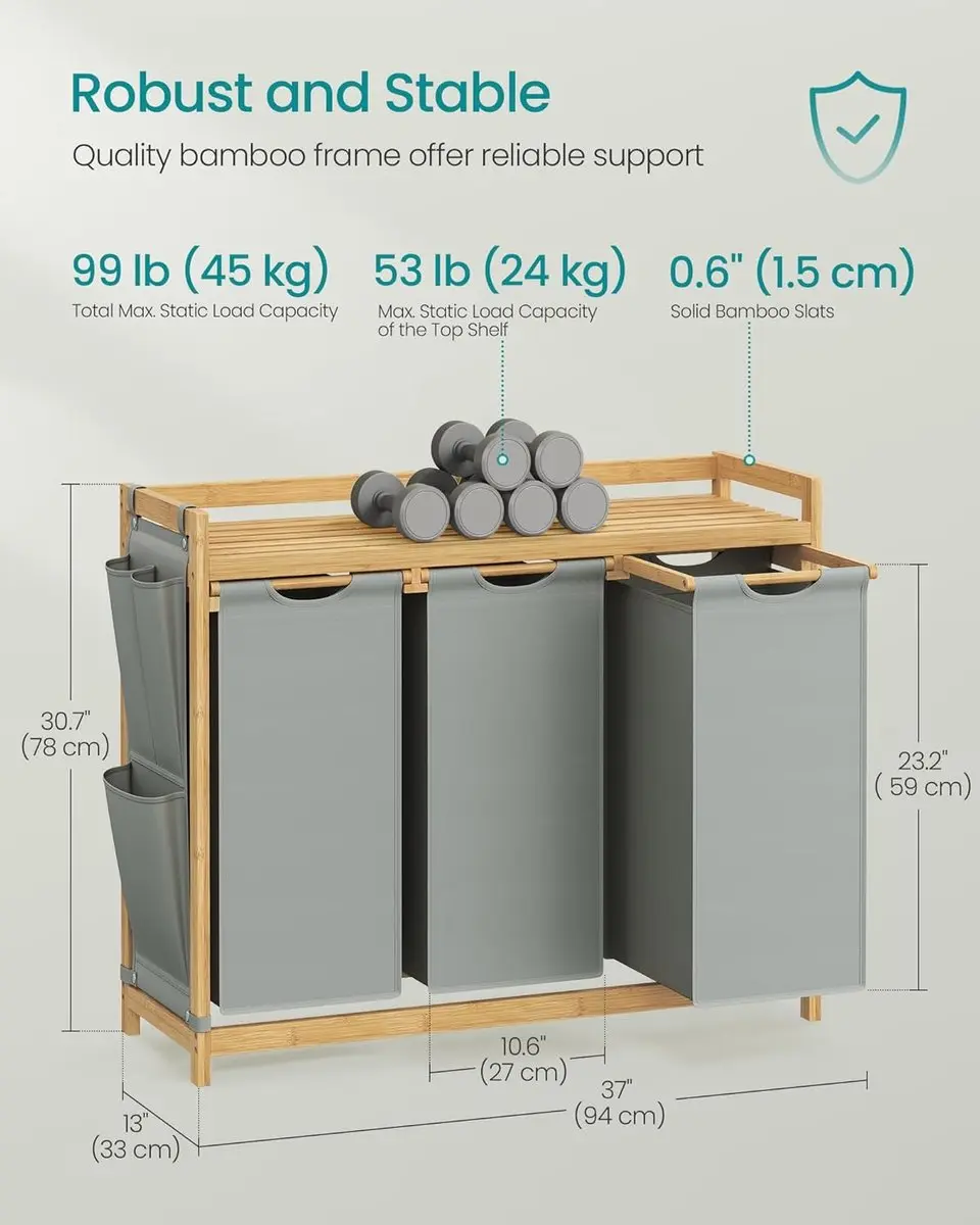 Songmics Bamboe Wasmand Grijs - 3 Vakken 150L