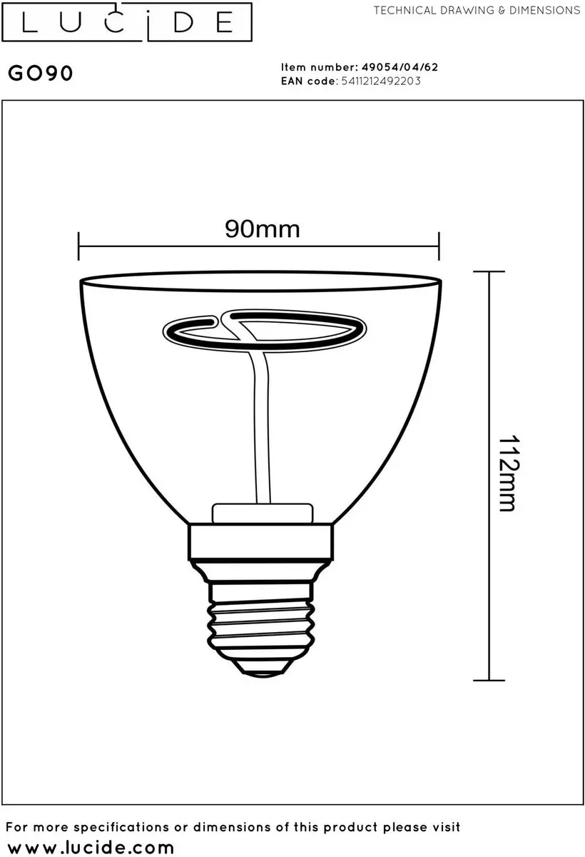 Lucide GO90 LED Filamentlamp E27 3,5W 2200K - Amber - afbeelding 4 van 4