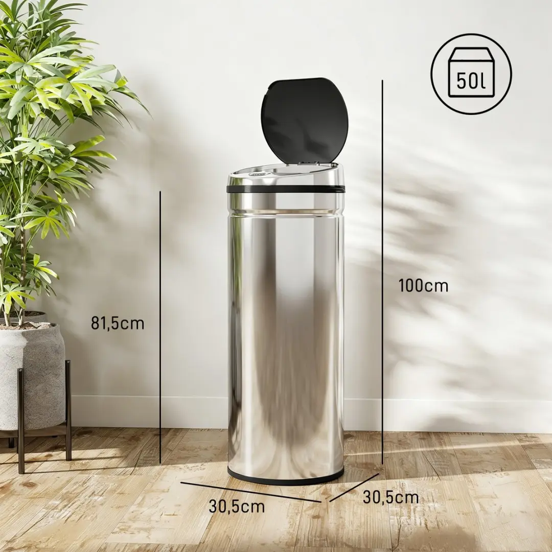 Homcom Sensor Vuilnisbak 50L - 30,5x30,5x81,5cm Zilver - afbeelding 5 van 6