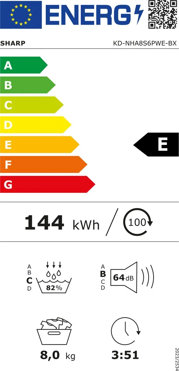Sharp KDNHA8S6PWEBX- warmtepomp droger – 8 kg – energie label E – 15 programma’s – LED binnenverlichting – wit