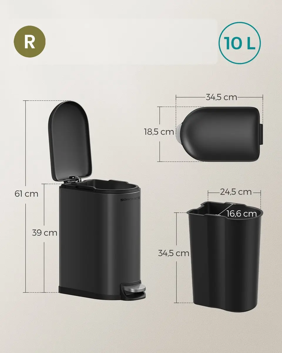 Songmics Prullenbak Badkamer 10L - Zwart - Soft-Close