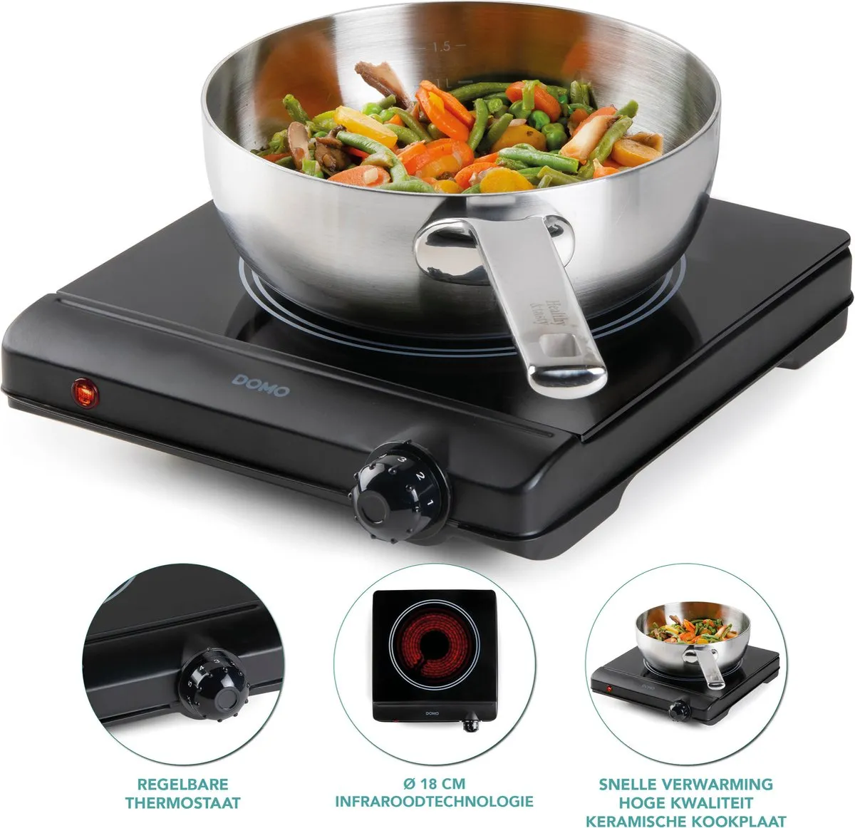 Domo DO30111KP Keramische Kookplaat 1250W - 1 Pit Ø18cm - Zwart
