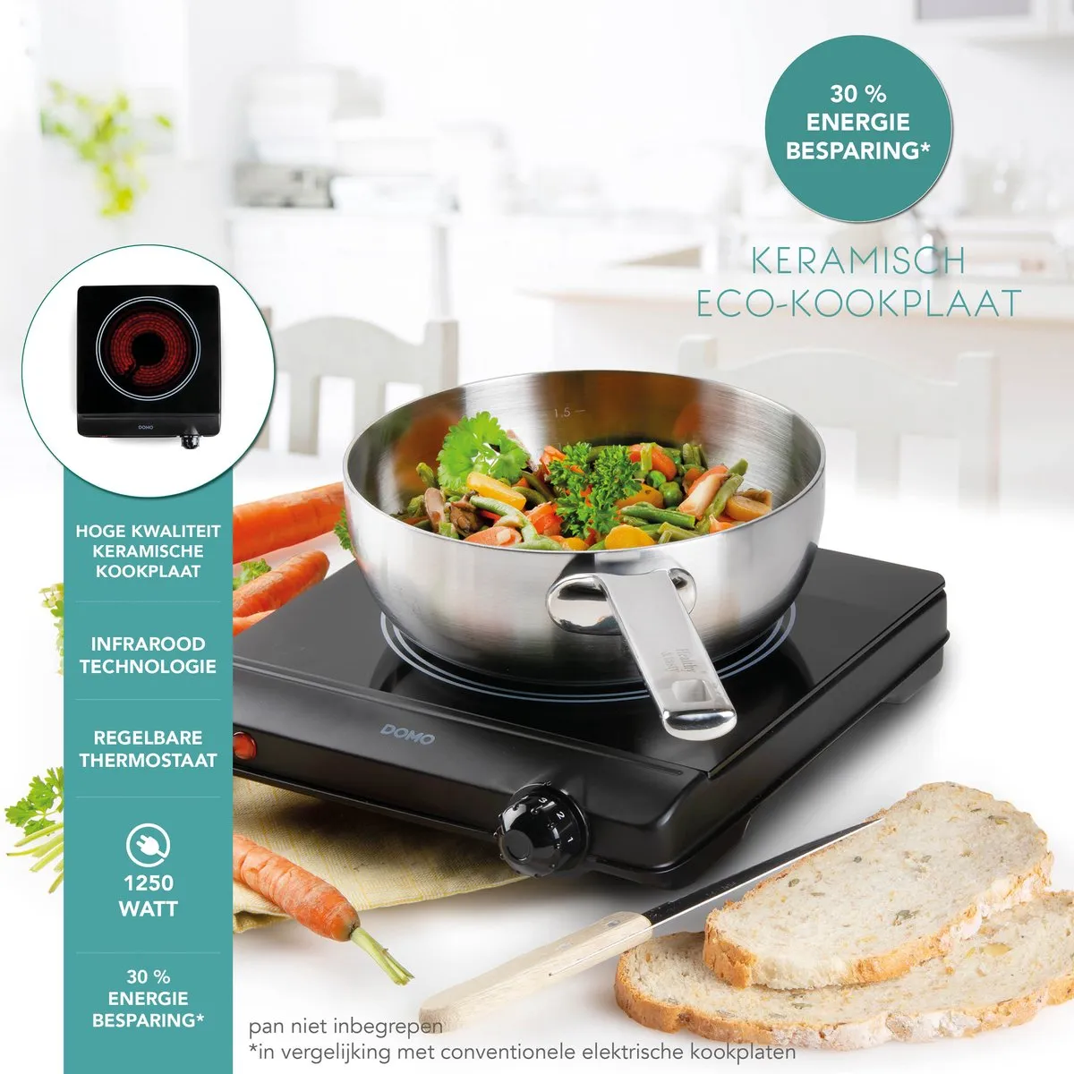 Domo DO30111KP Keramische Kookplaat 1250W - 1 Pit Ø18cm - Zwart