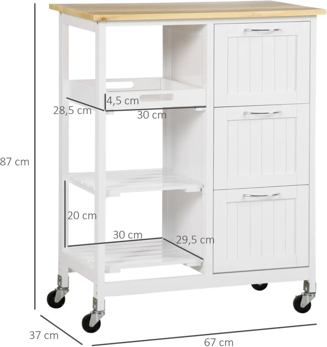 Homcom Keukenwagen 801-221 - 3 Ladeschubben - Natuur/Wit